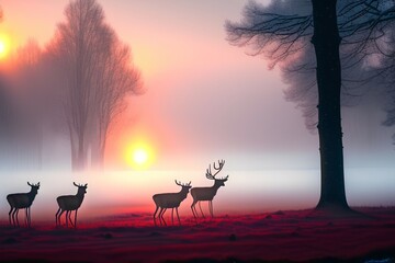 Beautiful sunrise on field with red deer. Winter foggy frosty morning with deer. Winter sunny landscape with sunlight - generative ai
