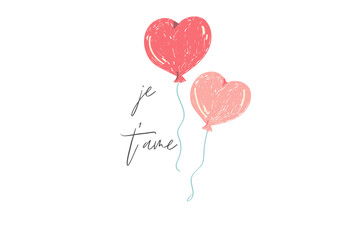 Red heart balloons, 14th February, Valentine’s Day, for design, postcards , je t’ame