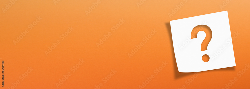 Poster note paper with question mark on panoramic orange background