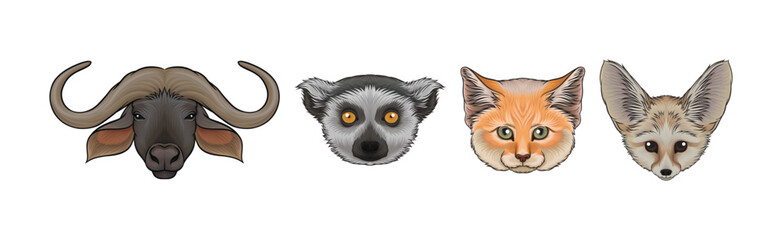 Animal Muzzle Isolated on White Background Vector Set