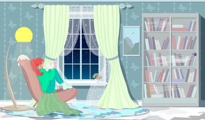 
A young girl is resting in a chair with a cat by the window, reading a book by the light of a floor lamp, in a cozy room with a wonderful atmosphere. Evening, calm weekend atmosphere