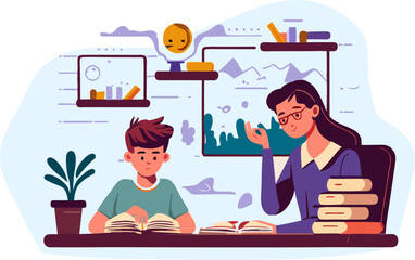 The teacher and the boy are studying. Conceptual illustration for school, education. Vector illustration in flat style