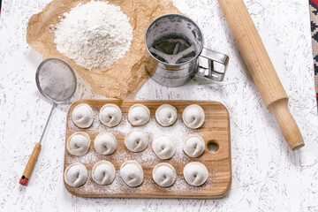 Fototapeta premium Dumplings. Traditional dough dish. White background.