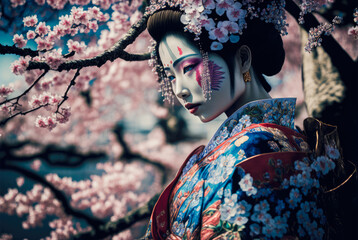 Japanese geisha woman under pink blooming cherry tree in spring, generative AI