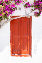 Fototapeta na wymiar Red door with purple vine Mykonos