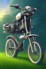 Bike on the field.Vector summer nature illustration with sky - generative ai