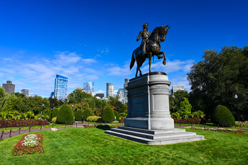 Equestrian statue of General George Washington at the entrance to the public gardens of Boston,...