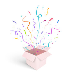 Open gift box with confetti burst. Vector background