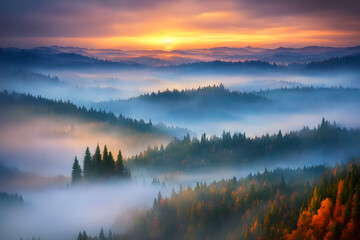 Fototapeta na wymiar Beautiful autumn forest landscape at golden hour sunset, fog in lowlands. AI generated