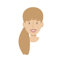 Fototapeta premium Girl face flat. Friendly young woman with long brown hair in a ponytail with bangs. Hand drawn vector illustration.