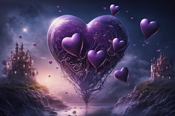ai midjourney illustration of a fantasy landscape and floating violet colored heart shaped balloons