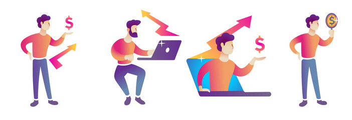 set of finance, economy and trading related concepts (Online finance, exchange, profit, market research) market recovery and gain isolated transparent illustrations.
