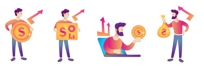 set of finance, economy and trading related concepts (Online finance, exchange, profit, market research) market recovery and gain isolated transparent illustrations.