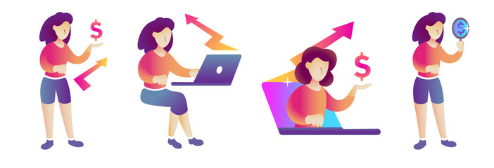 set of finance, economy and trading related concepts (Online finance, exchange, profit, market research) market recovery and gain isolated transparent illustrations.