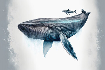 Illustration of a genuine humpback whale, solitary. against a white background, a large gray whale. A blue whale swims to the top in the open ocean. Generative AI