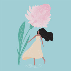 Little woman near the huge spring flower. International women's day illustration for card, poster, flyer. Large ginger flower and brunette girl in long dress