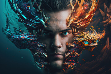 Fantasy image of man with Dragon energy. Generative AI, this image is not based on any original image, character or person.