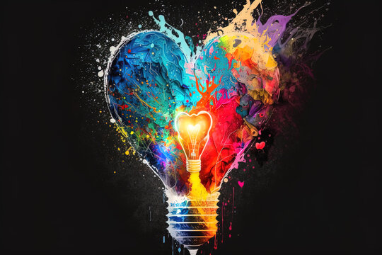 Lightbulb in the shape of a heart with Impactful and inspiring artistic colourful explosion of energy. Generative AI, this image is not based on any original image, character or person.	
