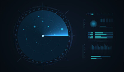 Radar screen background. Vector sonar illustration. Military scan system.