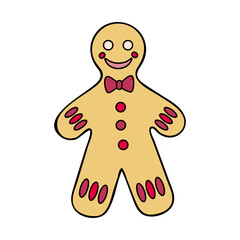 Gingerbread man in bow tie. Christmas sweet cookies. Happy New Year. Viva Mangenta. Hand drawn flat illustration.