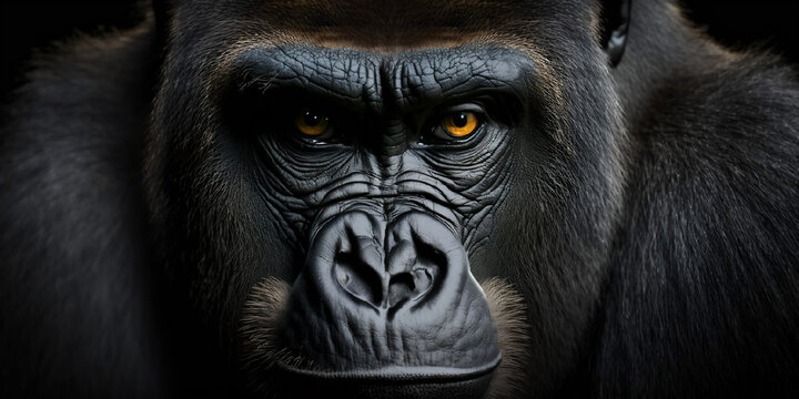 Visage d'un gorille en gros plan sur fond noir, format panoramique - illustration ai