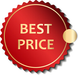 The vector illustration of sticker for best price in red color without background; The wavy round label of sale with gold circle