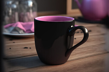 Hot black coffee in a pink ceramic cup is sitting on a wooden table at a cafe. Generative AI