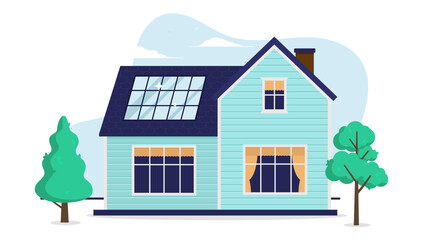 Solar panel on roof of house - Regular home in green colour powered by solar energy. Flat design vector illustration with white background