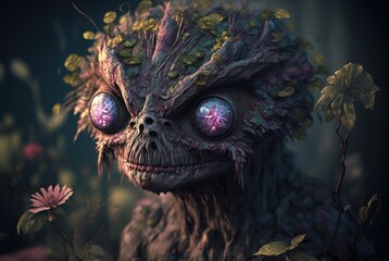 Naklejka na ściany i meble Infected forest flora, zombie pathogen changes any plant and forms woody mutated skulls and creepy eyes to appear - viral fungus growth with cute flowers hides the toxic danger - generative AI.