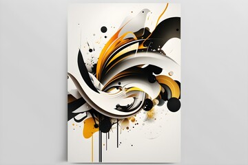 Abstract wall art on a light background - black, orange, gold, white swirl
