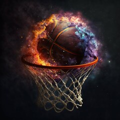 Fire ball in basketball hoop basket. Generative AI - obrazy, fototapety, plakaty