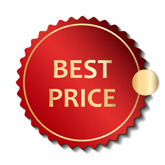 The PNG illustration of sticker for best price in red color without background; The wavy round label of sale with gold circle
