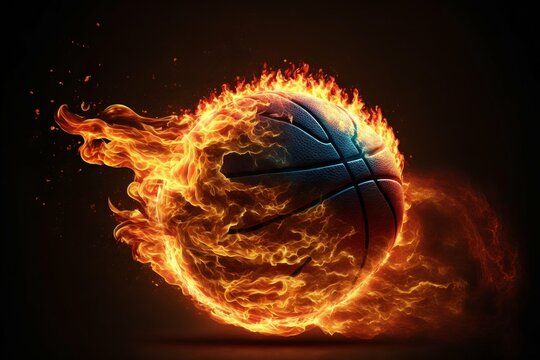 Glowing burning basketball with fire flames. Generative AI