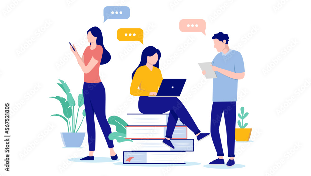 Poster doing research at work - people in office with books concentrating and searching for information and