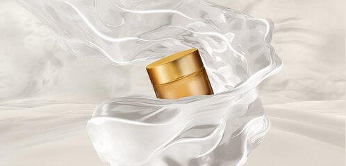 Moisturizing liquid splashing around of a small gold jar isolated.3d illustration for beauty advertisements blank cosmetic product.Mock up of gold Glass Cream jar with metallic cap.Side view. Floating