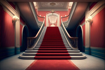 Interior hotel with stairs covered red carpet. Generative AI