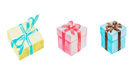 Gifts, colorful gift boxes, presents, celebration, birthday gift, Christmas gift , watercolor illustration 