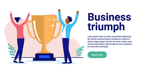 Business triumph - Two casual businesspeople with big trophy award cheering and celebrating success. Flat design vector illustration with white background and copy space for text