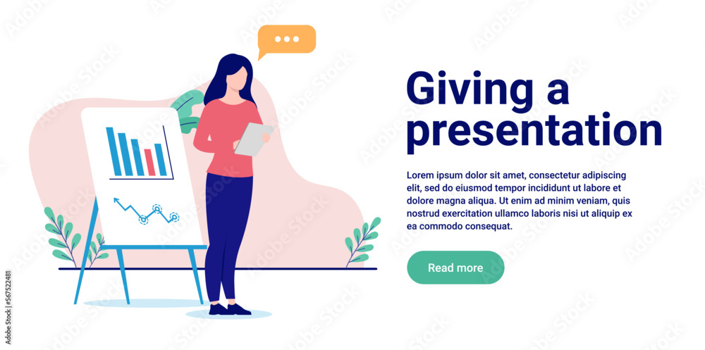Aufkleber Giving a presentation - Woman standing alone talking in front of whiteboard flipover. Flat design vector illustration with white background and copy space for text