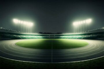 Sport stadium illuminated by spotlights and empty green grass playground. Generative AI