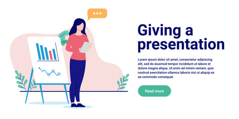 Giving a presentation - Woman standing alone talking in front of whiteboard flipover. Flat design vector illustration with white background and copy space for text