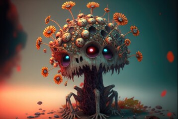 Infected forest flora, zombie pathogen changes any plant and forms woody mutated skulls and creepy eyes to appear - viral fungus growth with cute flowers hides the toxic danger - generative AI.