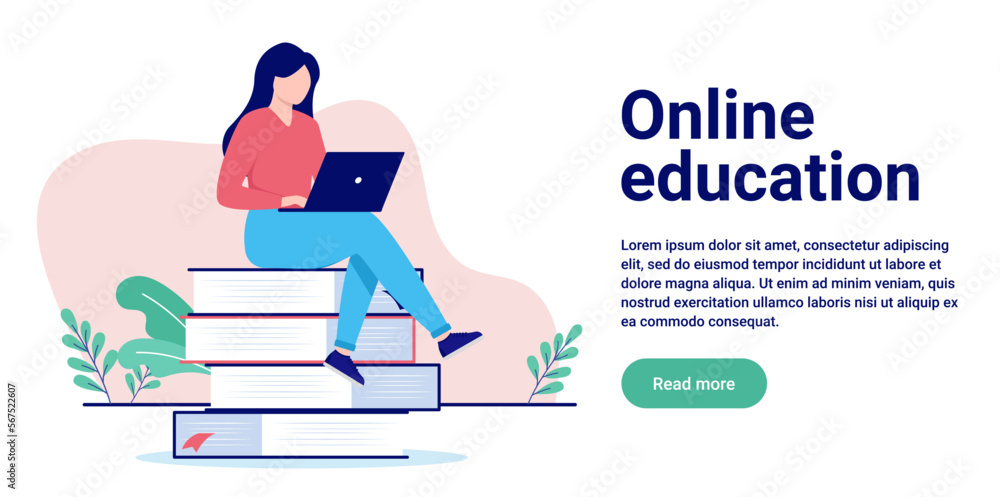 Fototapete online education - woman student studying with laptop computer sitting on stack of books. flat desig