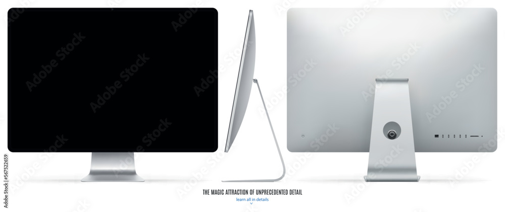 Poster computer monitor silver color with black screen front, back and side view isolated on white backgrou