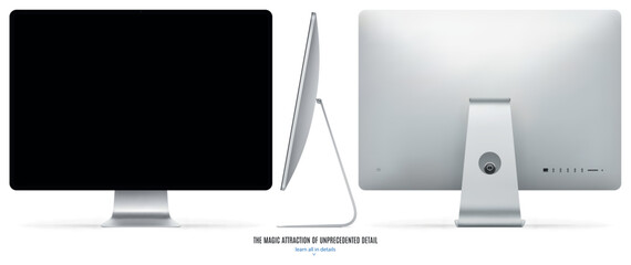 computer monitor silver color with black screen front, back and side view isolated on white background. realistic and detailed mockup of display for system unit. vector illustration
