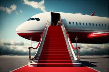 Vip luxury red carpet on stairs to private jet airplane. Generative AI