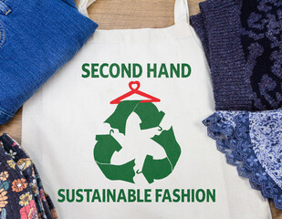 second hand clothes sustainable fashion printed on reusable bag with pre loved clothes top view
