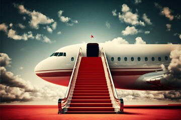 Vip luxury red carpet on stairs to private jet airplane. Generative AI