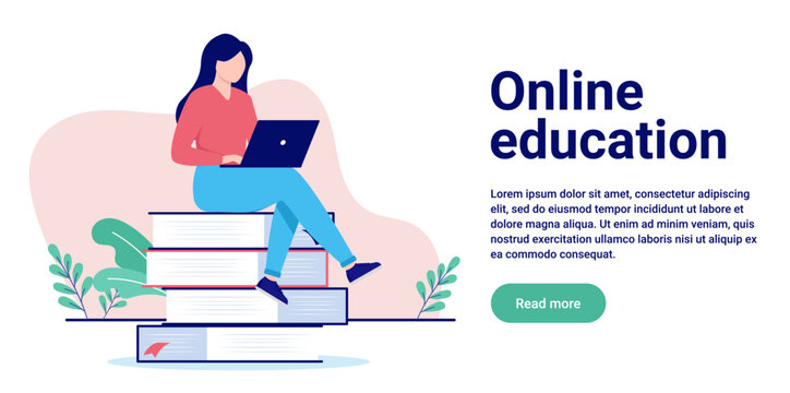 Online education - Woman student studying with laptop computer sitting on stack of books. Flat design vector illustration with white background and copy space for text