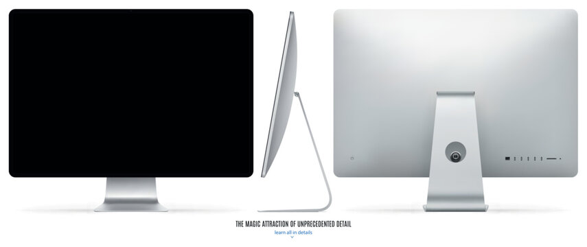 computer monitor silver color with black screen front, back and side view isolated on white background. realistic and detailed mockup of display for system unit. vector illustration